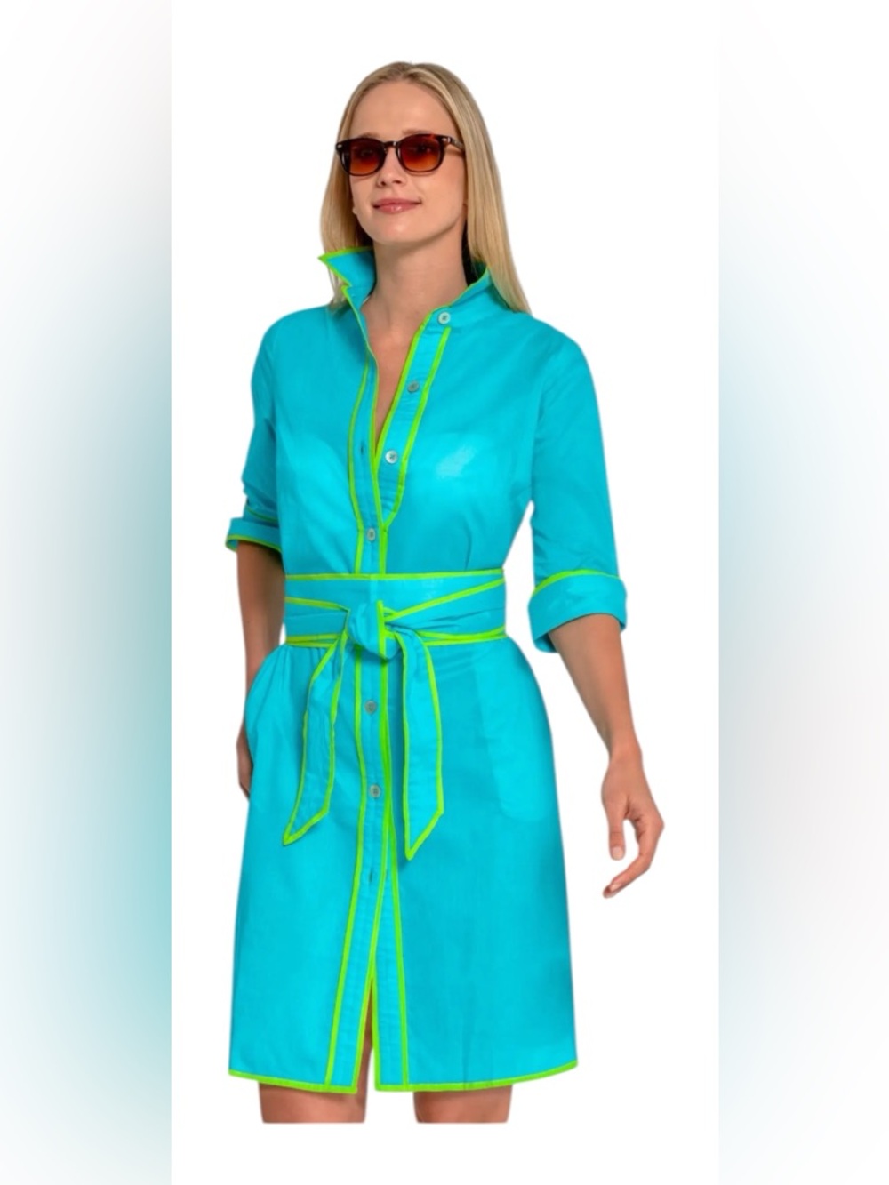 Gretchen Scott Shirt Tails Short Dress Turquoise Cotton Resort Cover Up